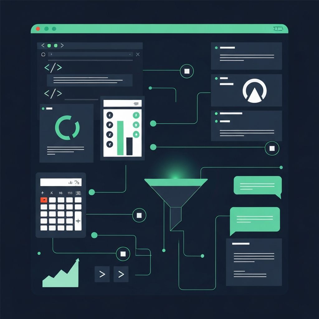 Illustration showing AI-powered programming tools creating loan comparison calculators, interview tools, and pipeline dashboards for mortgage loan officers