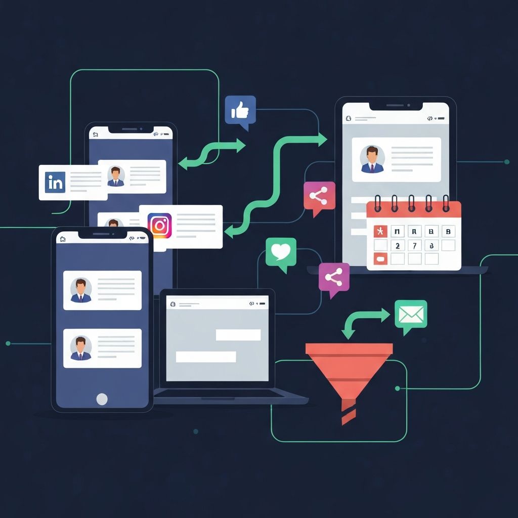 Illustration showing automated social media marketing workflows for mortgage loan officers with AI content generation and scheduling