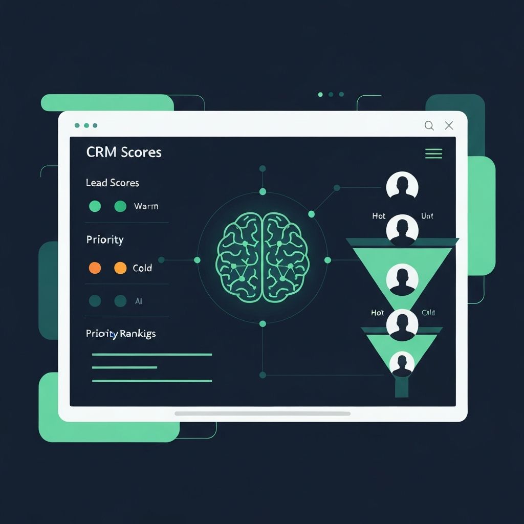 Illustration showing AI-powered borrower prioritization dashboard with lead scoring and CRM insights for mortgage loan officers