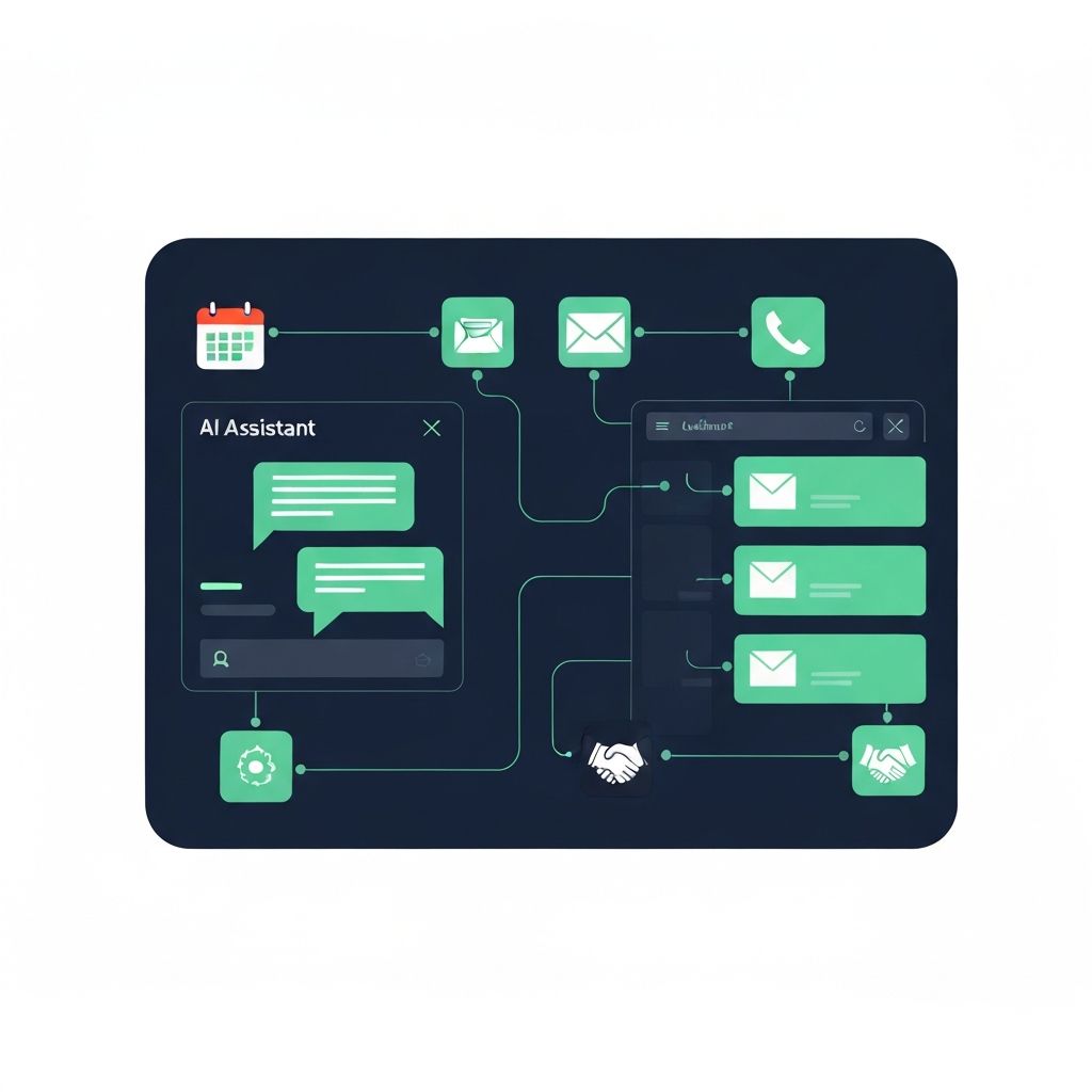 Illustration showing AI copilot tools automating email follow-up and outreach workflows for mortgage loan officers